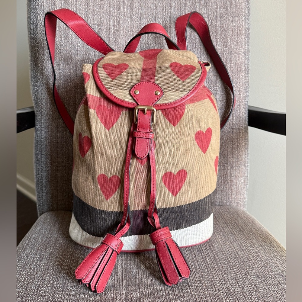 Burberry Beige Canvas Backpack with Red Heart Print and Red Leather Trim